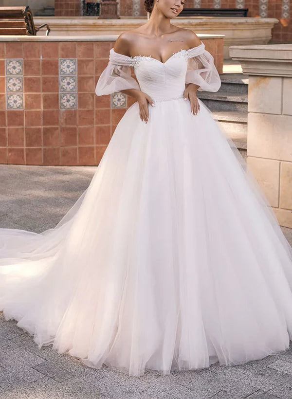 Vintage Tulle Wedding Dress Off Shoulder With Sleeves Floor Length Elegant Sexy