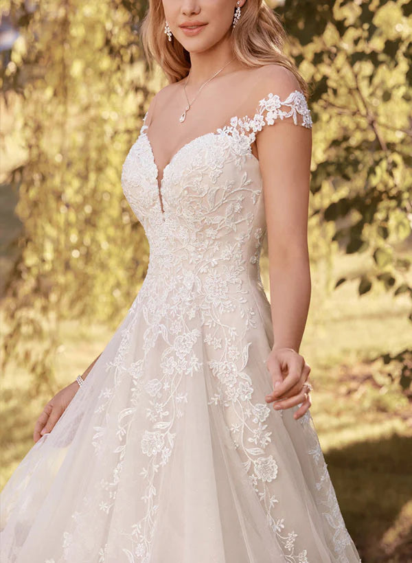 A-Line Princess Wedding Dress With Appliques Lace V-neck Floor Length Elegant