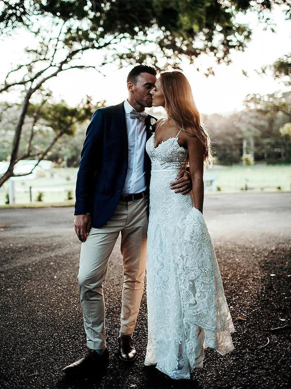 Spaghetti Straps Mermaid Wedding Dresses Lace Bridal Dresses Sleeveless Elegant