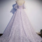 Purple tulle A line long prom dress formal dress With Flowers december wedding guest dress