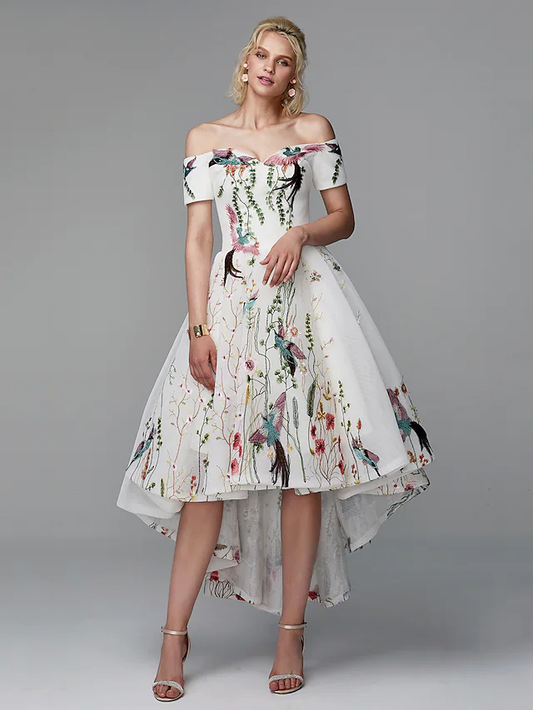 Ball Gown Elegant Floral High Low Cocktail Party Prom Valentine's Day Dress Off Shoulder Short Sleeve Asymmetrical Polyester