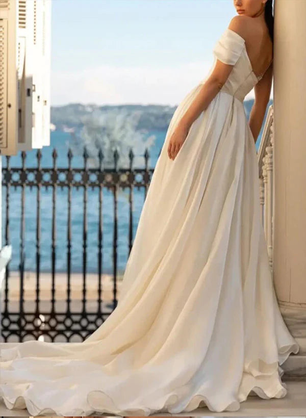 Off The Shoulder Satin A-Line/Princess Wedding Dresses With Sequins Split Front Floor Length