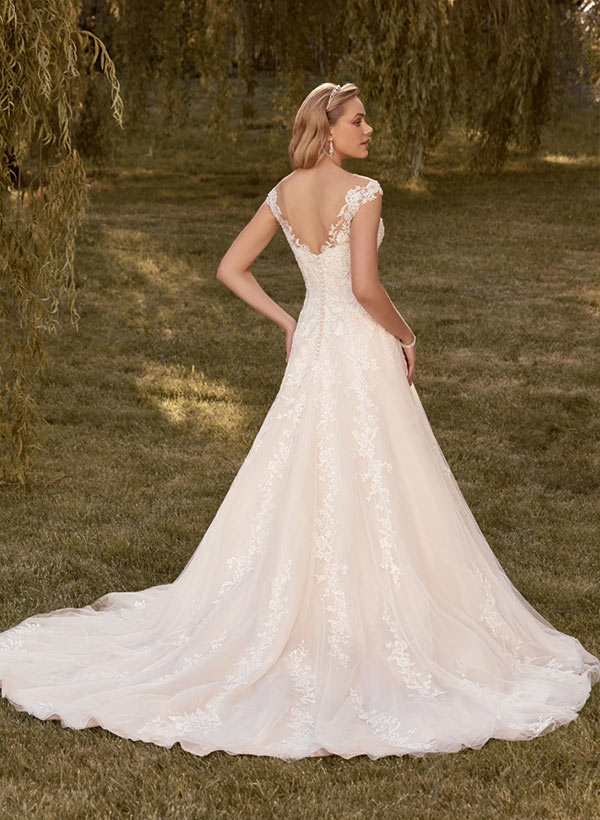 A-Line Princess Wedding Dress With Appliques Lace V-neck Floor Length Elegant