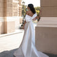 Off-The-Shoulder Sleeveless Satin Sweep Train Wedding Dress With Bow(s) Floor Length Simple