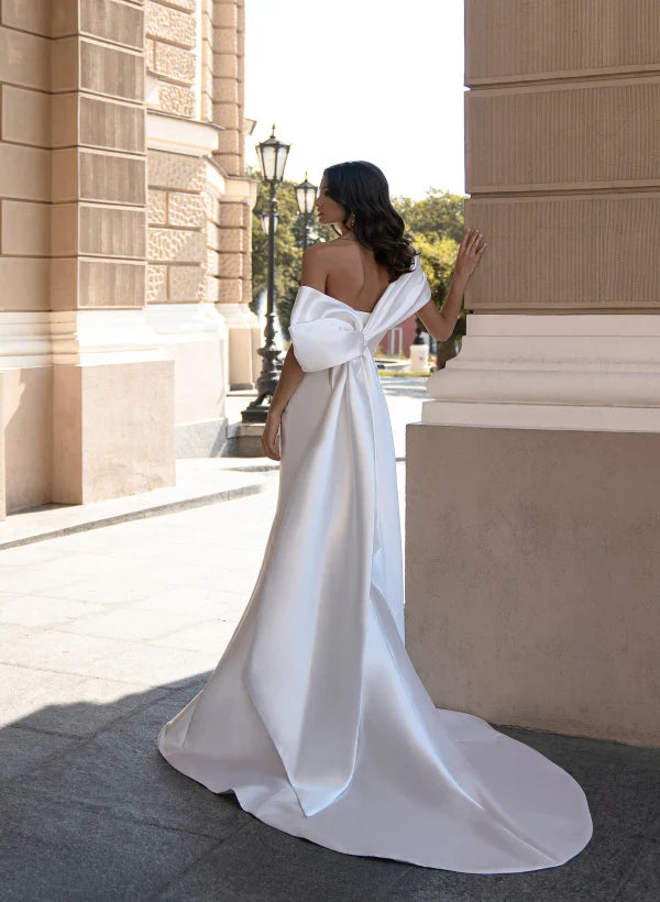 Off-The-Shoulder Sleeveless Satin Sweep Train Wedding Dress With Bow(s) Floor Length Simple