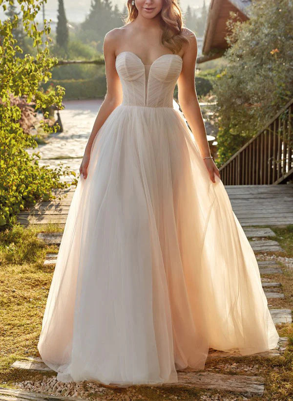 Sweetheart Sweep Train Tulle Ball-Gown Wedding Dresses Off Shoulder Floor Length Elegant