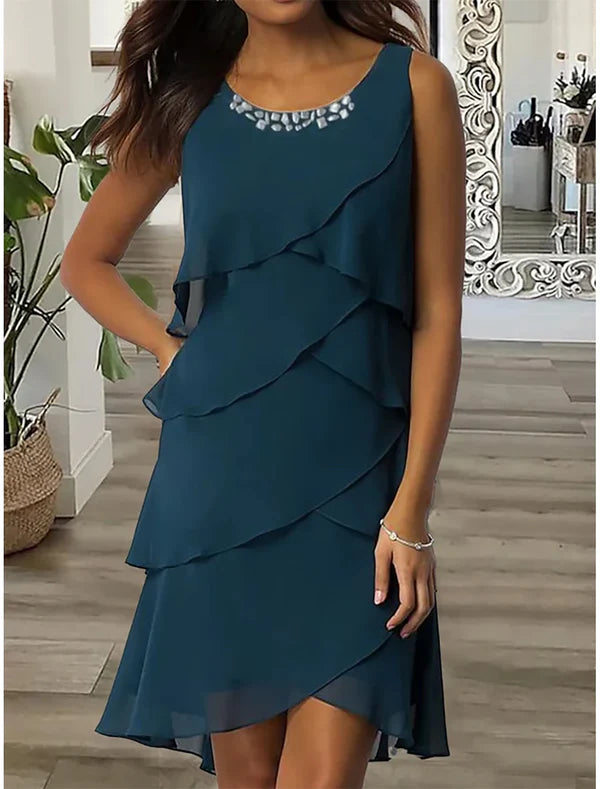 Wedding Guest Party Dress Chiffon Dress Semi Formal Dress Fashion Midi Dress Ruffle Layered Crew Neck Sleeveless Plain Loose Fit Mother of the Bride Dress
