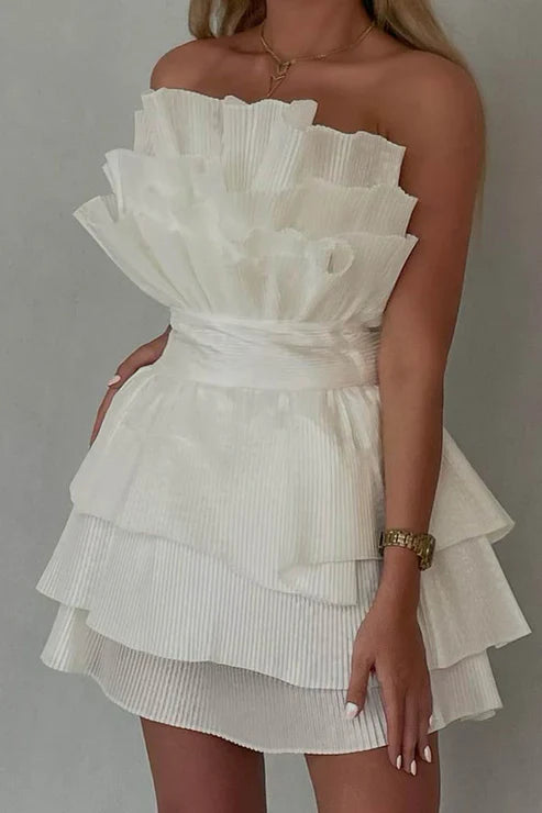 White Strapless A-Line Tiered Sweet Birthday Dress Homecoming Dress Off Shoulder Party Dress