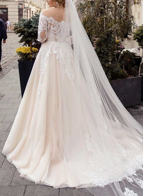 Off-The-Shoulder Long Sleeves Ball Gown Wedding Dresses With Boho Lace/Tulle Elegant