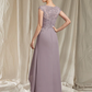 A-Line Mother of the Bride Dress Elegant Jewel Neck Asymmetrical Floor Length Chiffon Lace Short Sleeve
