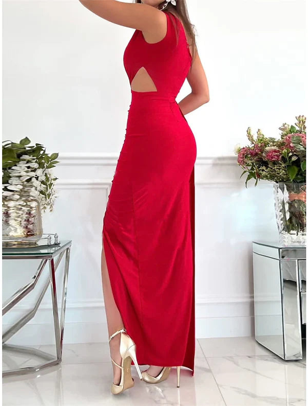 Women‘s Prom Dress Wedding Guest Party Dress Formal Dress Long Dress Maxi Dress Pink Red Green Sleeveless Pure Color Backless Summer Spring Fall One Shoulder Evening