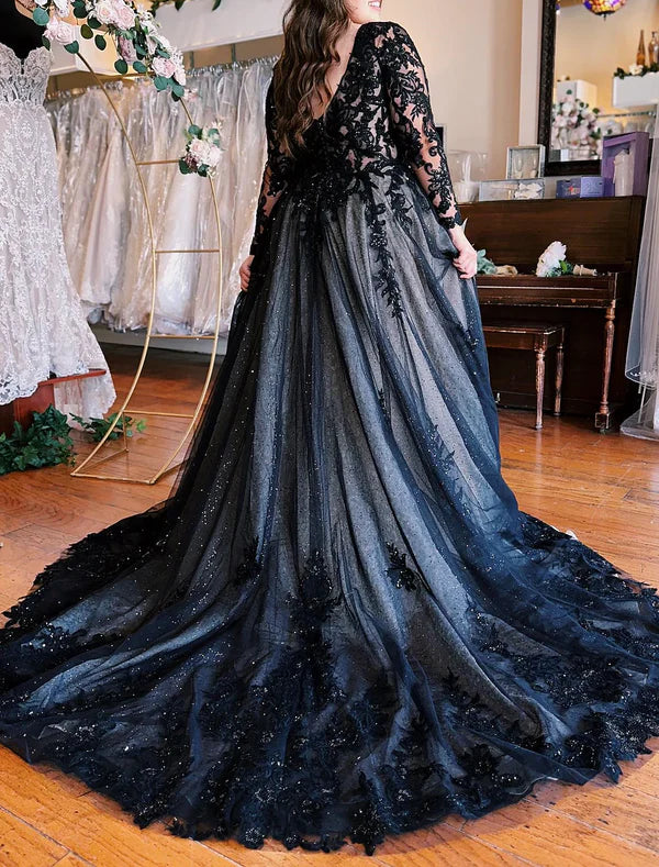 A-Line Evening Gown Black Dress Formal Wedding Court Train Sleeveless V Neck Fall Wedding Reception Tulle with Slit Appliques Sparkly