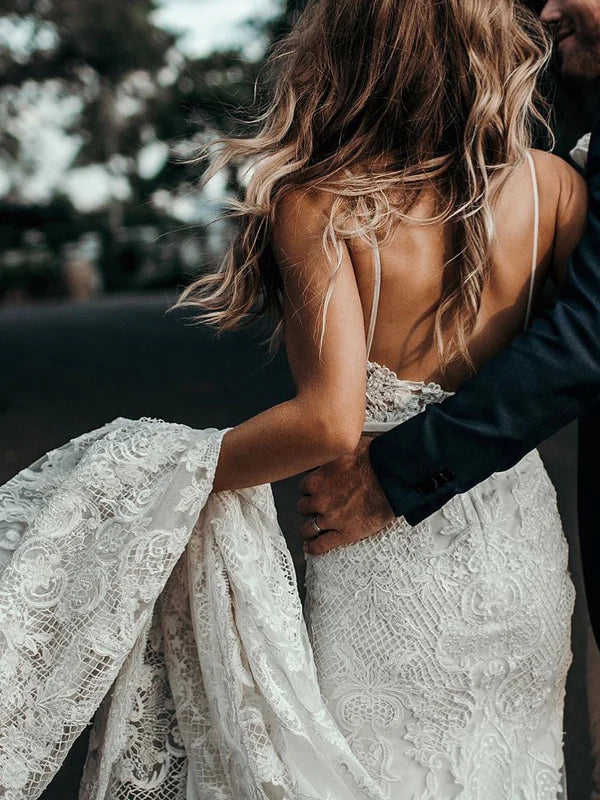 Spaghetti Straps Mermaid Wedding Dresses Lace Bridal Dresses Sleeveless Elegant
