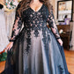 A-Line Evening Gown Black Dress Formal Wedding Court Train Sleeveless V Neck Fall Wedding Reception Tulle with Slit Appliques Sparkly