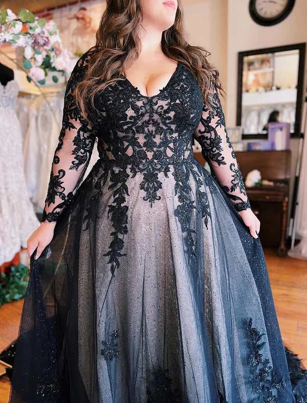 A-Line Evening Gown Black Dress Formal Wedding Court Train Sleeveless V Neck Fall Wedding Reception Tulle with Slit Appliques Sparkly