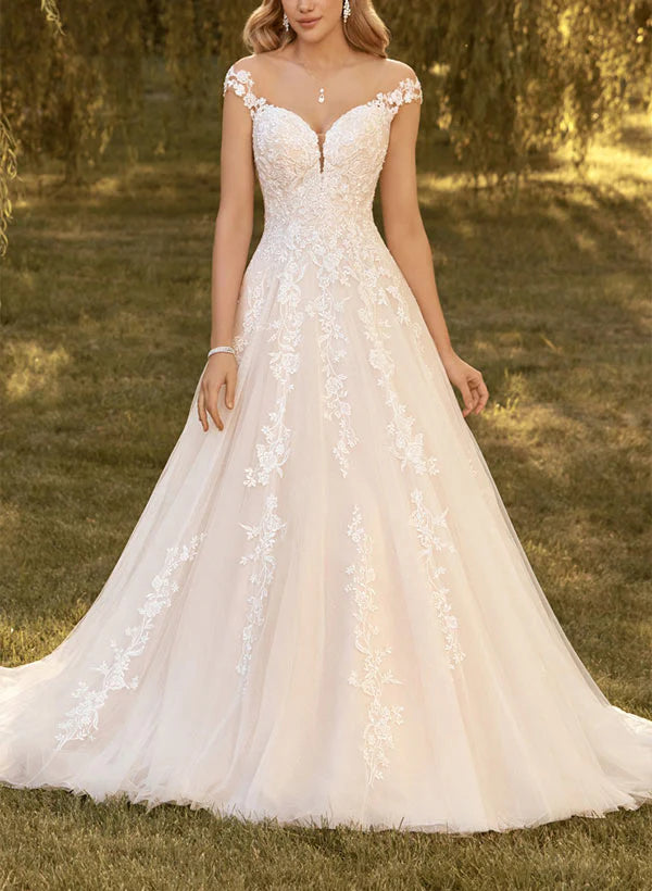 A-Line Princess Wedding Dress With Appliques Lace V-neck Floor Length Elegant