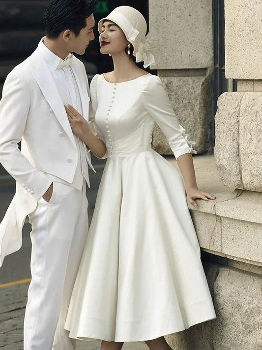 A-Line Wedding Dresses Jewel Neck Tea Length Satin Half Sleeve Simple Vintage Little White Dress with Buttons