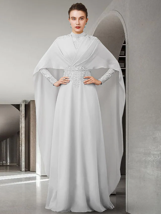 A-Line Mother of the Bride Dress Elegant High Neck Chiffon Lace Long Sleeve with Pleats