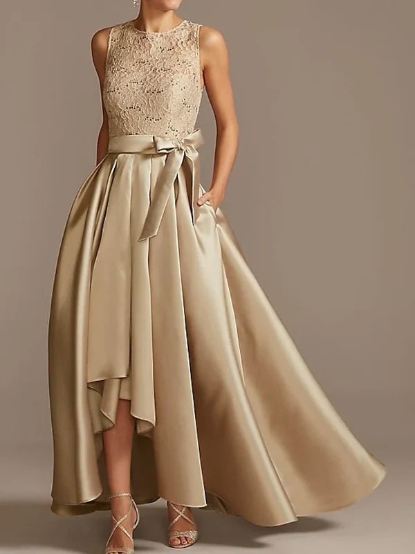 A-line/Princess collar sleeveless pleated lace mother of the bride dress Evening Dresses With Bow