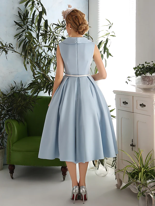 A-Line Elegant Vintage Inspired Cocktail Party Prom Dress V Neck Sleeveless Tea Length