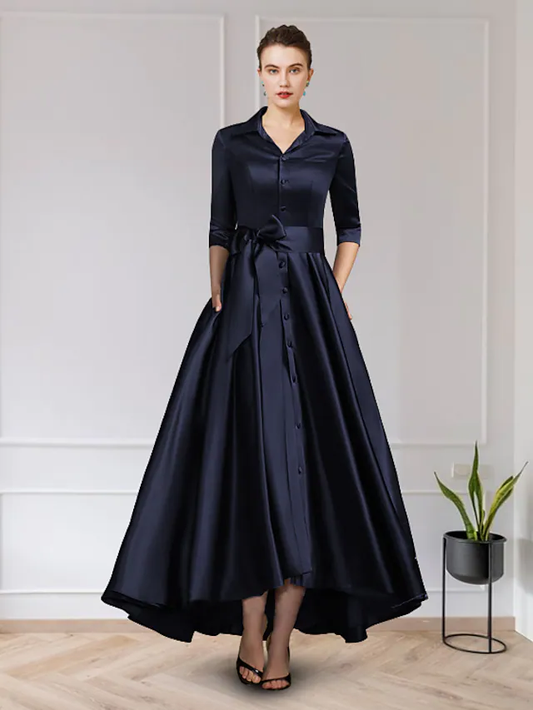 A-Line Mother of the Bride Dress Elegant Jewel Neck Asymmetrical Chiffon Lace Short Sleeve with Pleats