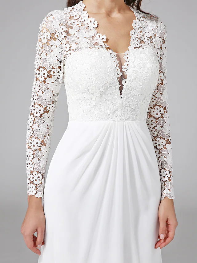 Wedding Dresses V NeckChiffon Floral Lace Long Sleeve Romantic Boho Illusion Sleeve with Lace