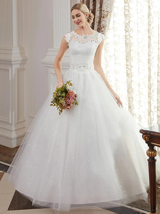 Ball Gown Wedding Dresses Jewel Neck Floor Length Lace Over Tulle Cap Sleeve Romantic Illusion Detail with Beading