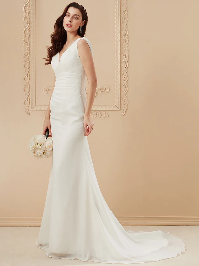 Wedding Dresses V Neck Court Train Chiffon Over Satin Regular Straps Vintage Backless Elegant