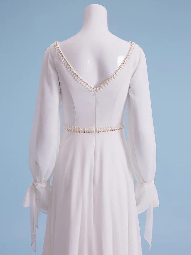 Wedding Dresses V Neck Court Train Chiffon Long Sleeve with Beading Pure Color