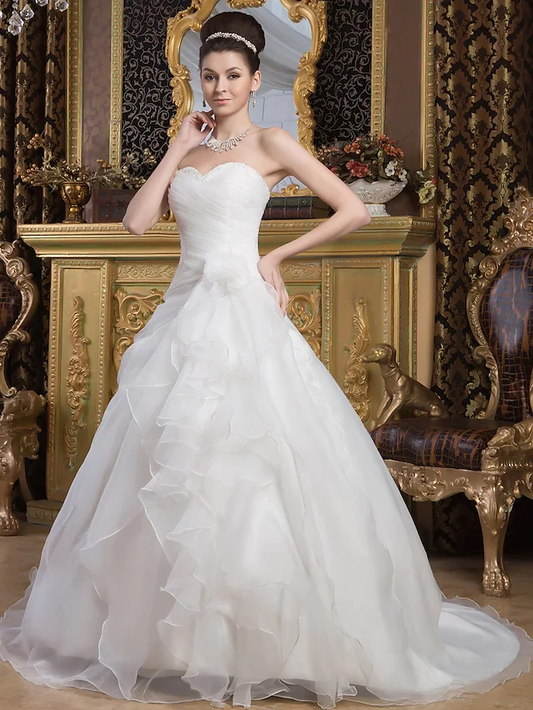 A-Line Wedding Dresses Sweetheart Neckline Court Train Organza Satin Strapless with Ruched Cascading