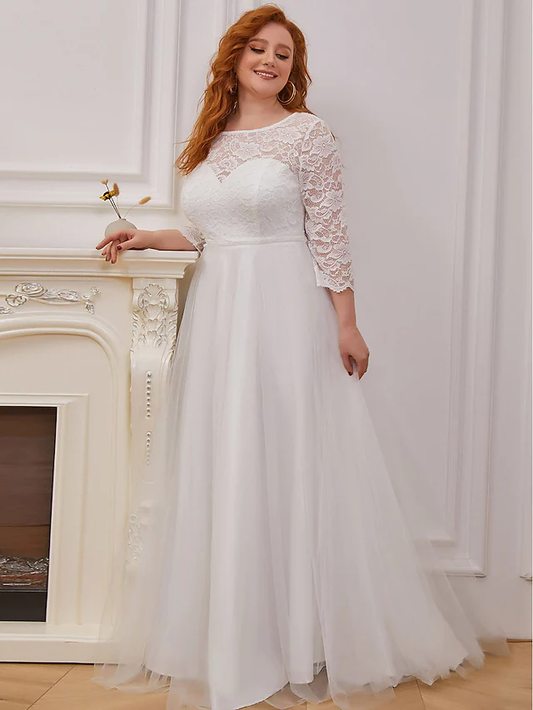 A-Line Wedding Dresses Jewel Neck Floor Length Lace Tulle Sleeveless Romantic with Cascading