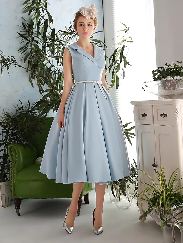 A-Line Elegant Vintage Inspired Cocktail Party Prom Dress V Neck Sleeveless Tea Length