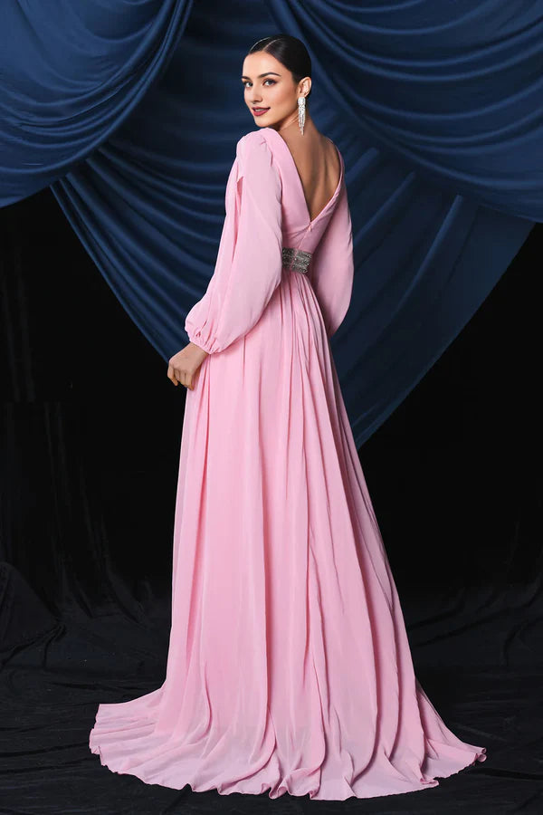 Pink Chiffon Long Sleeves Formal Prom Dress With Slit Evening Dress Wedding Guest Dress