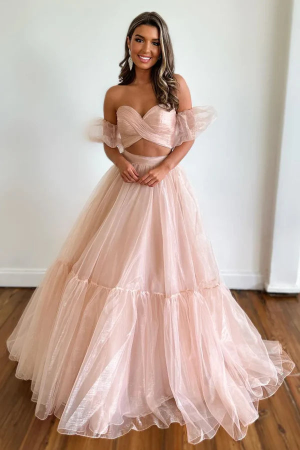 Sweet A-Line Sweetheart Long Tulle Prom Dress With Detachable Sleeves Solid Color