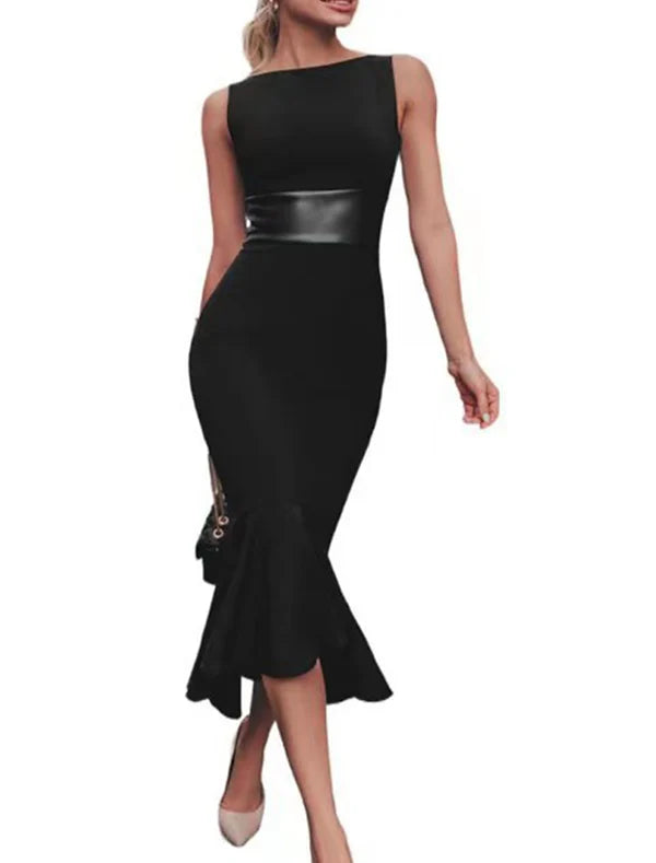 Black Dress Party Dress Cocktail Dress Ruched Crew Neck Sleeveless Midi Dress Birthday Vacation Black