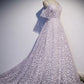 Purple tulle A line long prom dress formal dress With Flowers december wedding guest dress