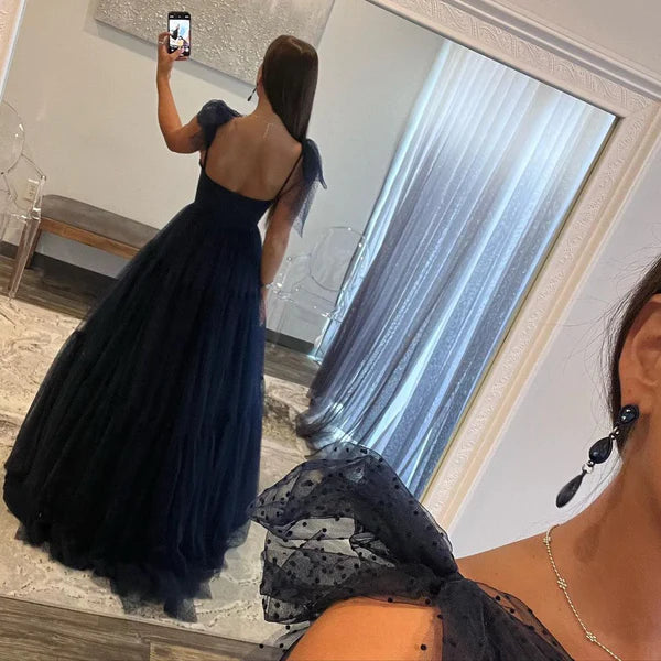 Sweetheart Navy Blue Tulle Long Prom Dress Sleeveless Floor Length Sexy Evening Dress