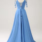 A Line Spaghetti Straps Satin Floor Length Prom Dress with Slit Bridesmaid Dress