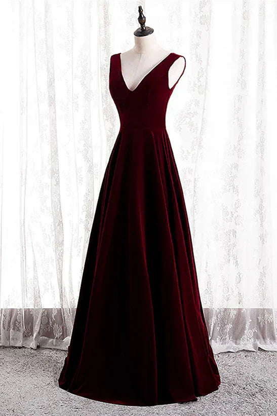 A-Line Velvet V-neckline Sleeveless Long Party Dress Prom Dresses Bridesmaid Dress Evening Dress