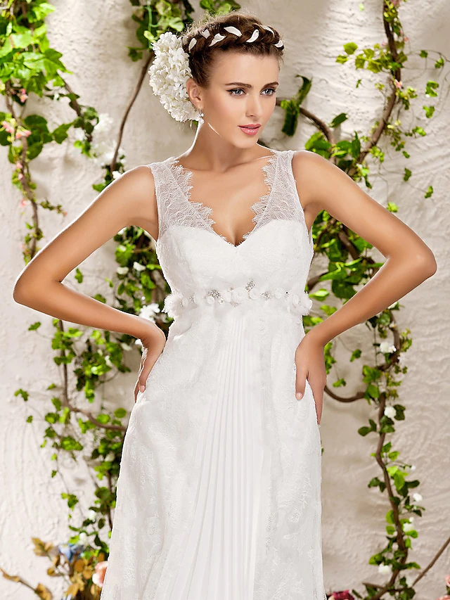 Wedding Dresses V Neck Chapel Train Lace Sleeveless Long Pure Color