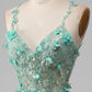 Sparkly Green A-Line Spaghetti Straps Corset Prom Dress With Appliques Beautiful With Slit