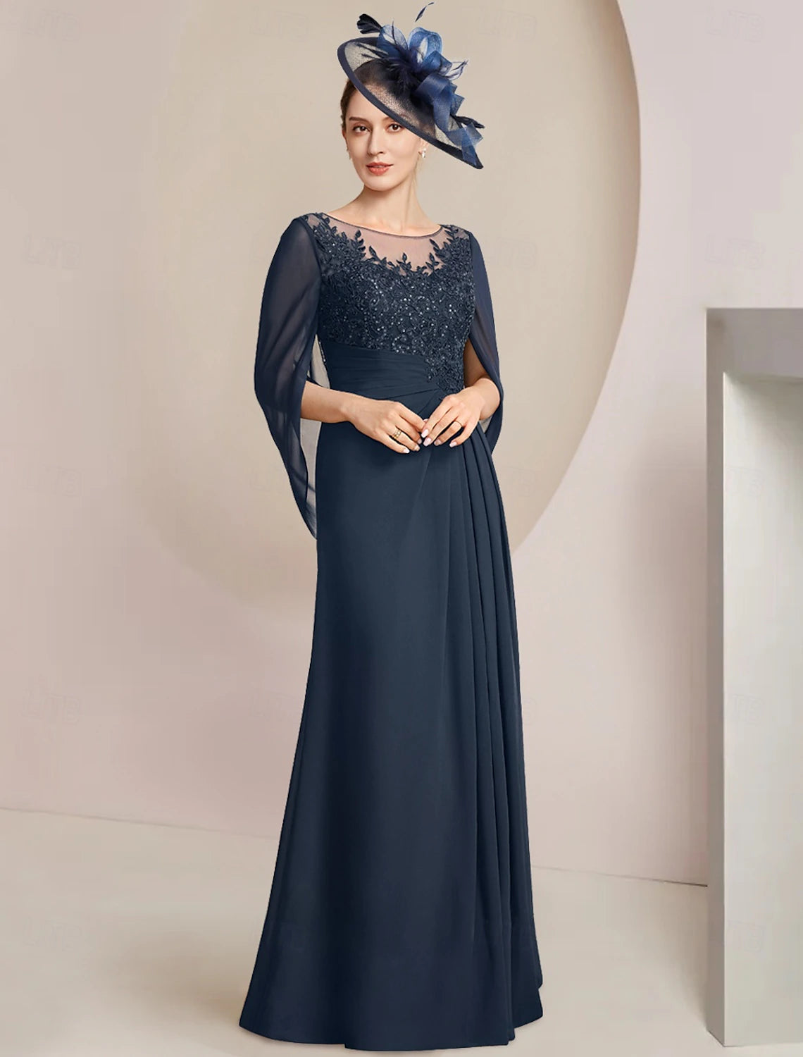Sheath / Column Dress Mother of the Bride Dress Elegant Jewel Neck Floor Length Chiffon Half Sleeve with Lace Side-Draped