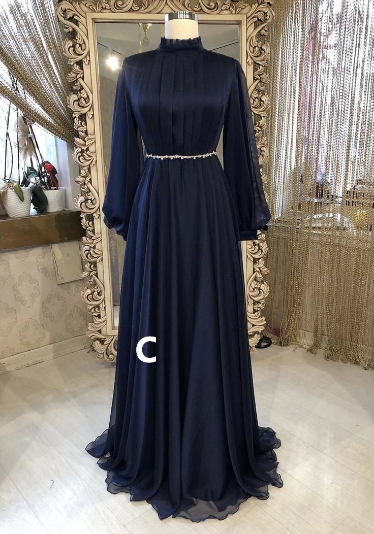 Modest High Neck Long Sleeves A-Line Chiffon Formal Party Dress Elegant Evening Dress