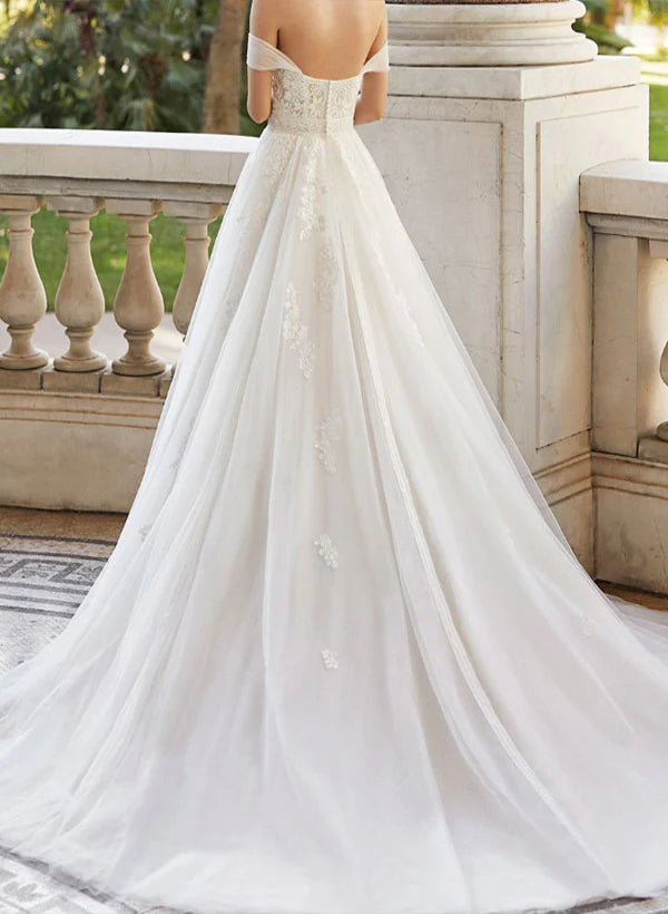 Off-The-Shoulder Ball-Gown Wedding Dresses With Short Sleeves Tulle Lace And Appliques Elegant