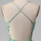 Sparkly Green A-Line Spaghetti Straps Corset Prom Dress With Appliques Beautiful With Slit