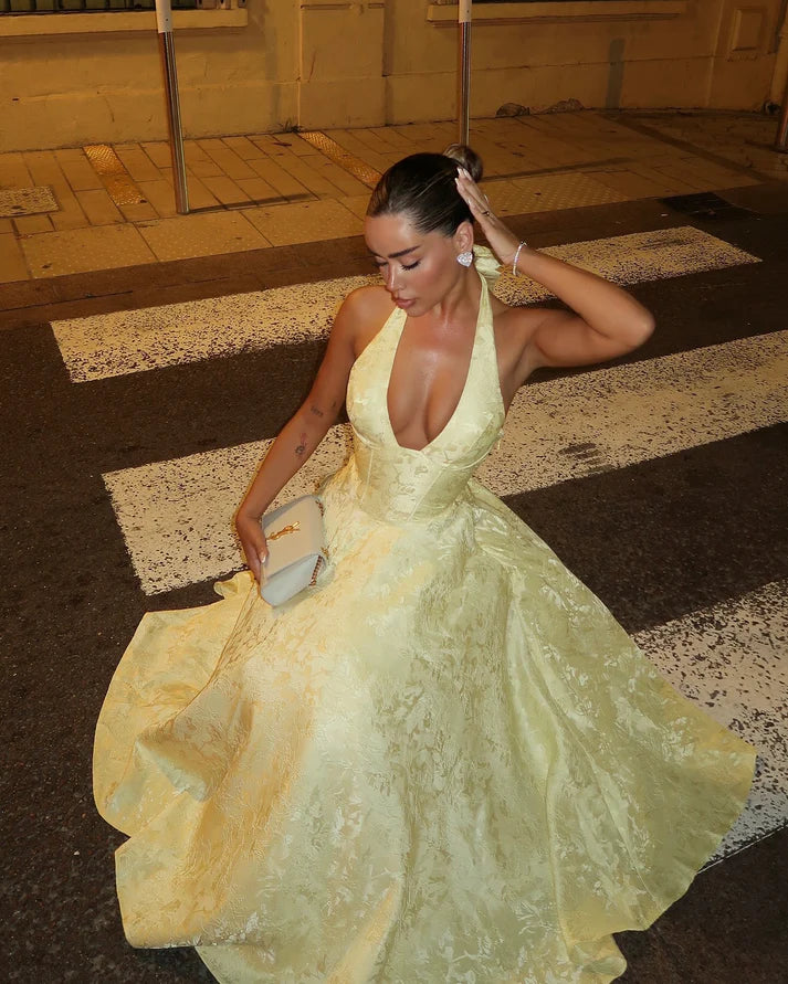 Yellow A-Line Halter Satin Long Party Dress Evening Dress Sexy Party Dress Formal Dress