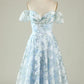 A-Line Blue Party Dress Off The Shoulder Printed Blue Tea-Length Cocktail Dress Homecoming Dress