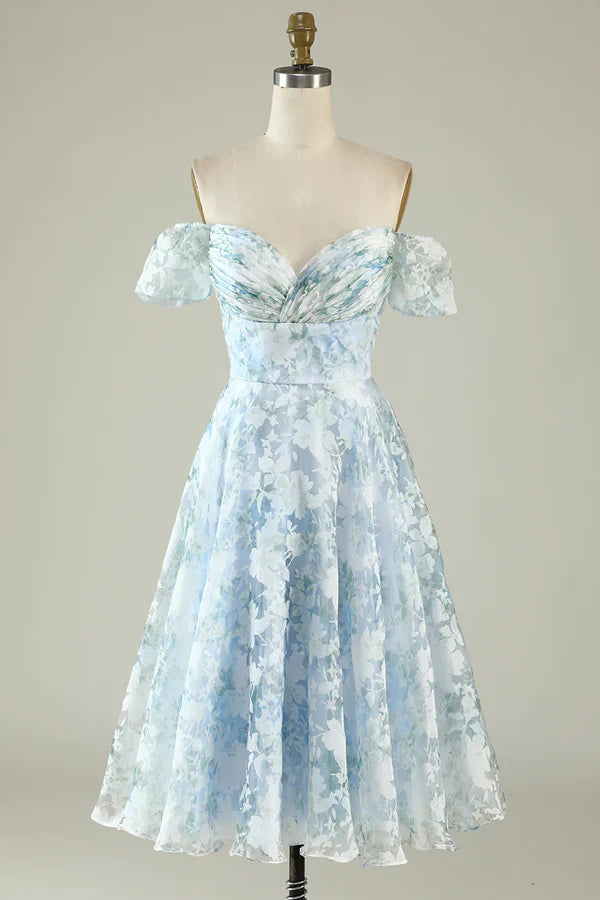 A-Line Blue Party Dress Off The Shoulder Printed Blue Tea-Length Cocktail Dress Homecoming Dress