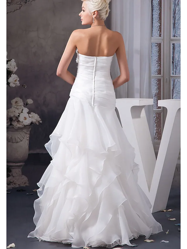 A-Line Wedding Dresses Sweetheart Neckline Floor Length Lace Organza Satin Strapless with Ruched Appliques Cascading