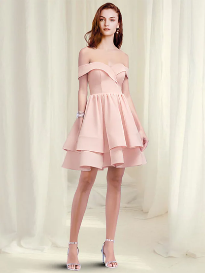 A-Line Empire Minimalist Homecoming Engagement Dress Off Shoulder Sleeveless Short Mini Satin